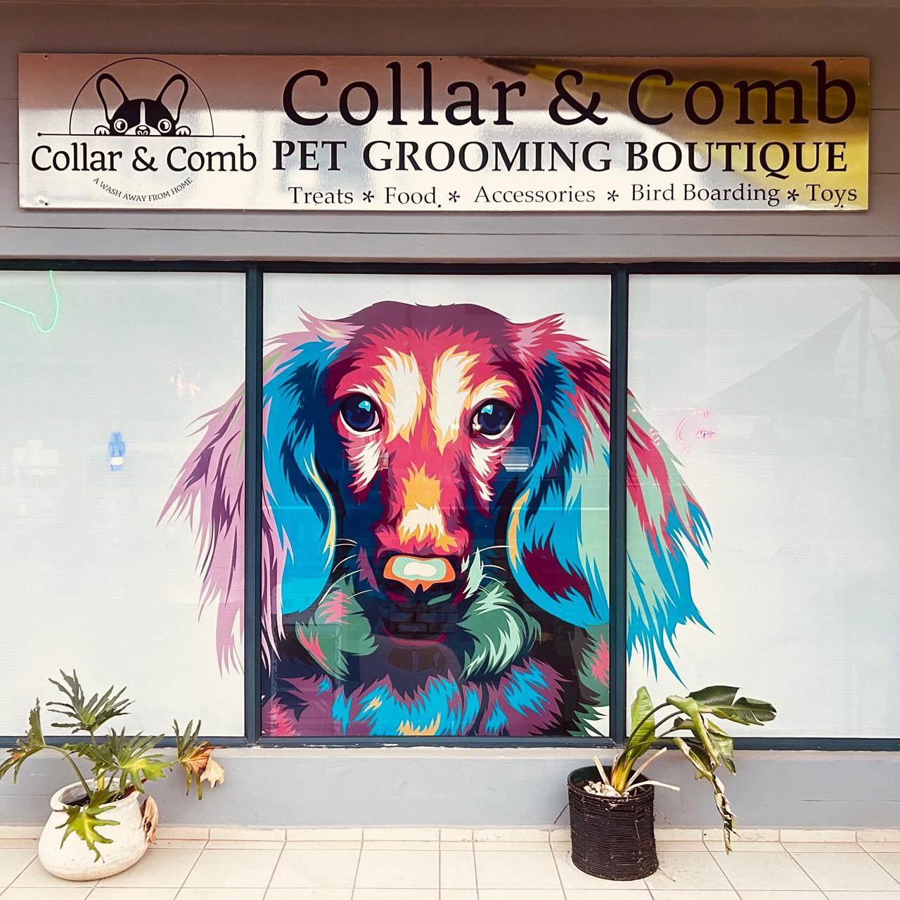 The Collar & Comb storefront sign and window mural