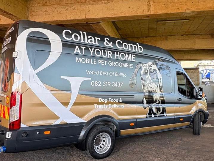 The Collar & Comb mobile grooming van, branded and ready to roll