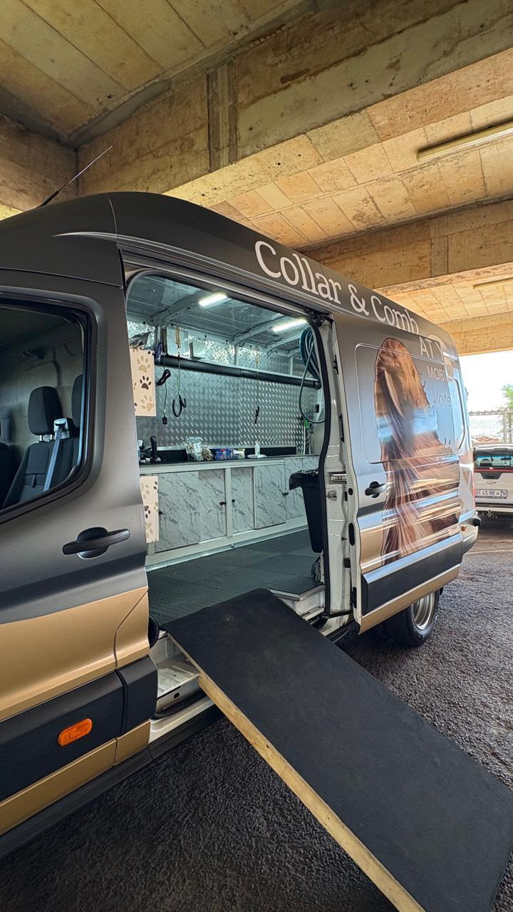 Inside the fitted-out Collar & Comb mobile grooming van