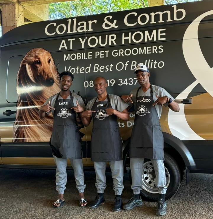 Lwazi, Siya and Ntokozo, the Collar & Comb mobile grooming team, in front of the van